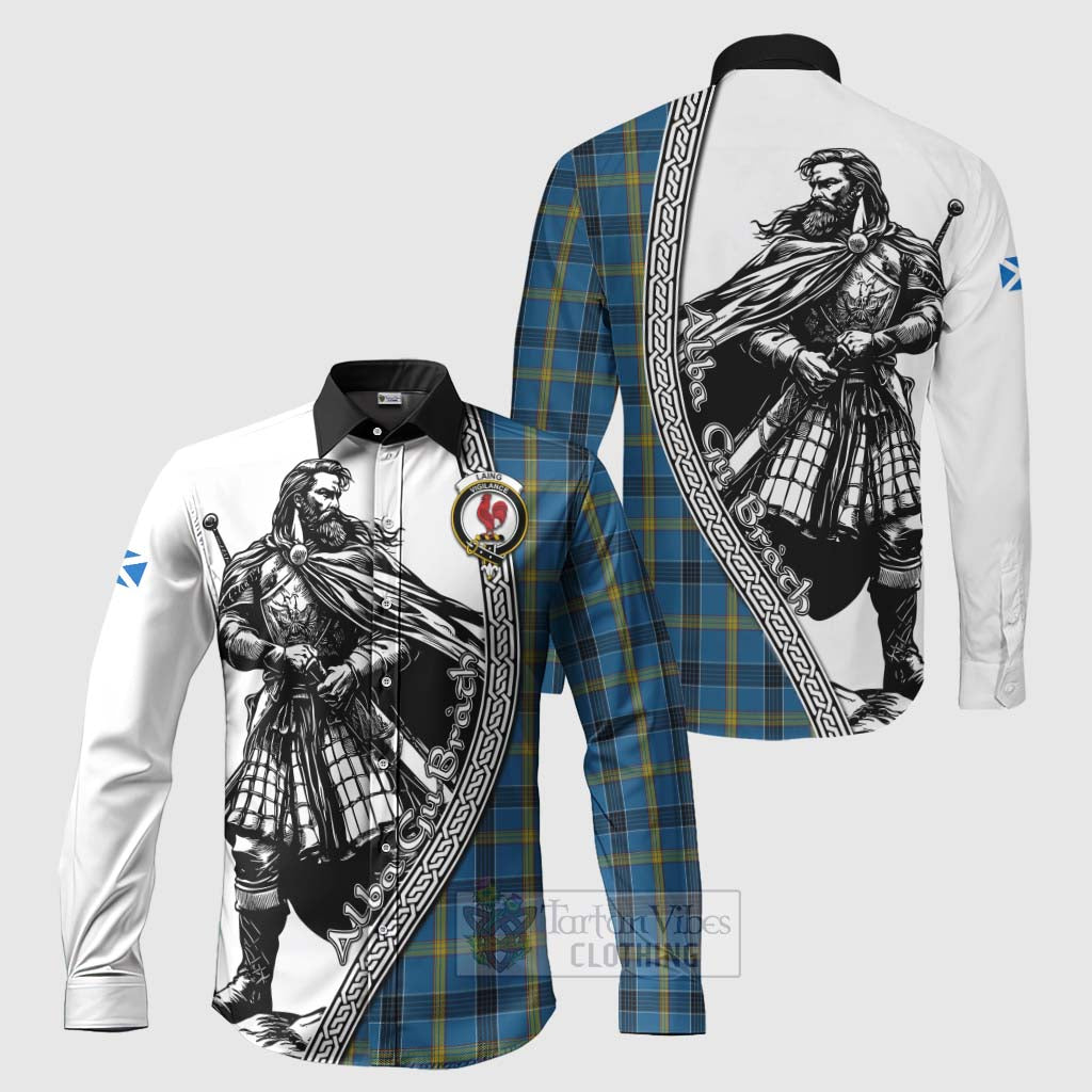 Tartan Vibes Clothing Laing Tartan Clan Crest Long Sleeve Button Shirt with Highlander Warrior Celtic Style