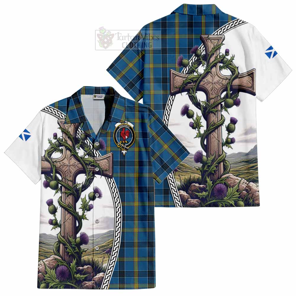 Tartan Vibes Clothing Laing Tartan Short Sleeve Button Shirt with Family Crest and St. Andrew's Cross Accented by Thistle Vines