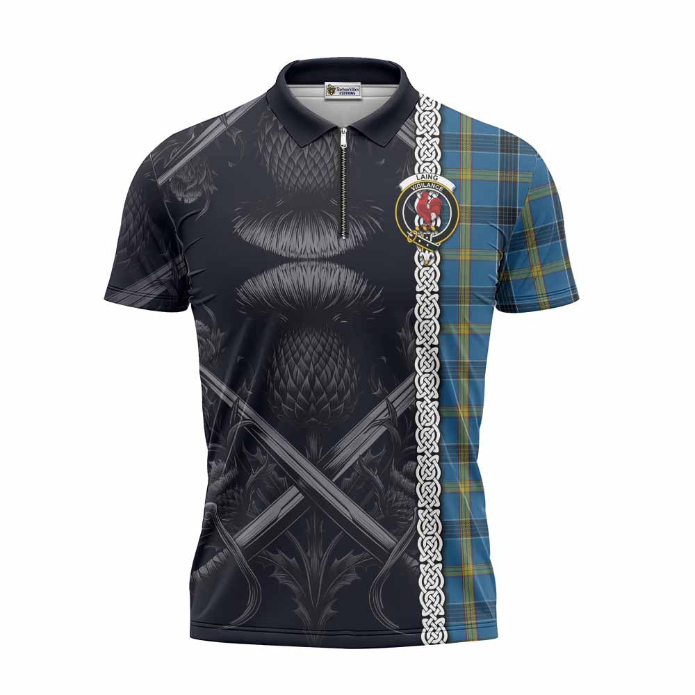 Tartan Vibes Clothing Laing Tartan Zipper Polo Shirt with Family Crest Cross Sword Thistle Celtic Vibes