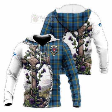 Laing Tartan Knitted Hoodie with Family Crest and St. Andrew's Cross Accented by Thistle Vines