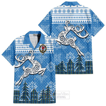 Laing Clan Christmas Short Sleeve Button Shirt Celtic Reindeer Style