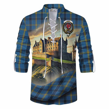 Laing Tartan Family Crest Ghillie Kilt Shirt with Scottish Ancient Castle Style Men - Tartan Vibes Clothing