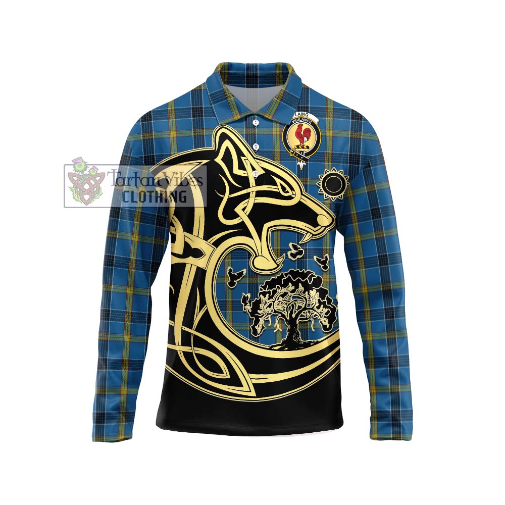 Laing Tartan Long Sleeve Polo Shirt with Family Crest Celtic Wolf Style Unisex - Tartanvibesclothing Shop