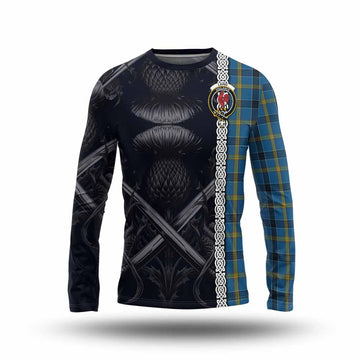 Laing Tartan Long Sleeve T-Shirt with Family Crest Cross Sword Thistle Celtic Vibes