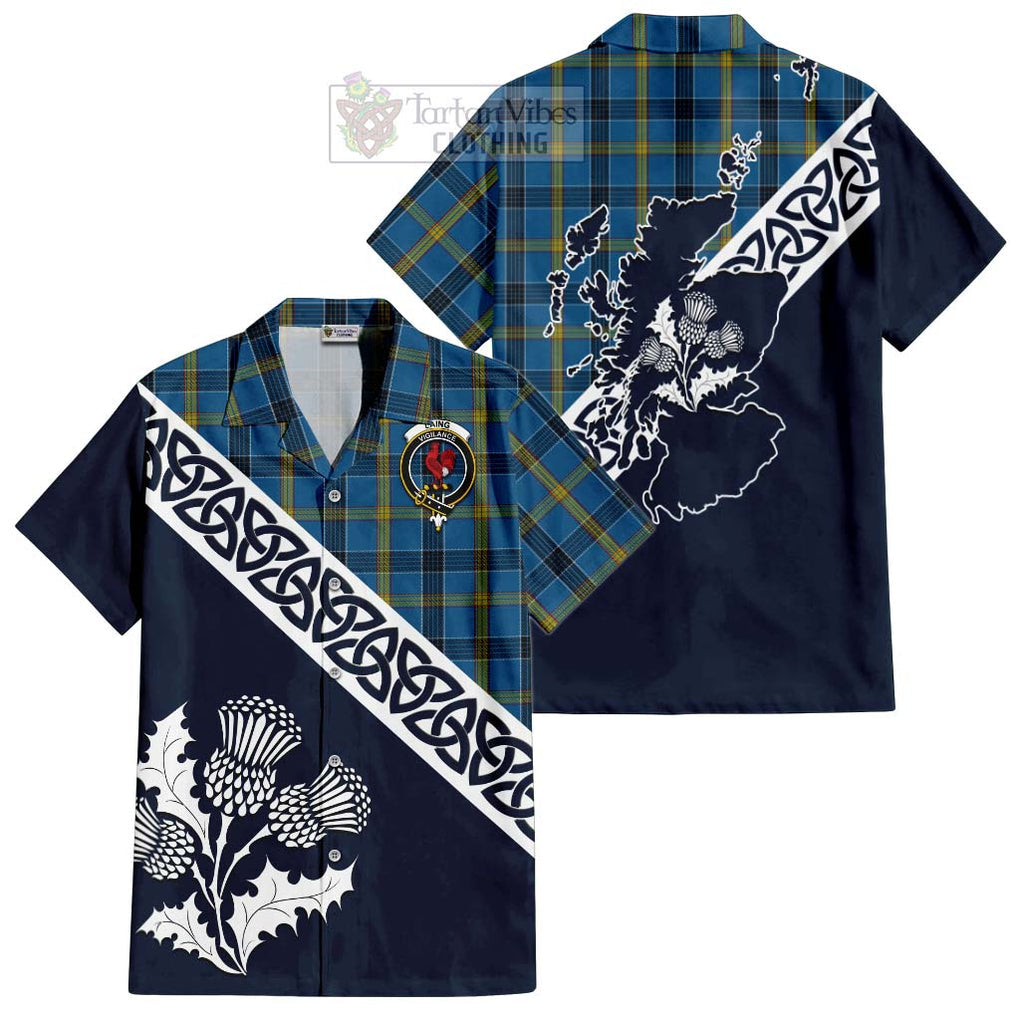 Tartan Vibes Clothing Laing Tartan Short Sleeve Button Shirt Featuring Thistle and Scotland Map