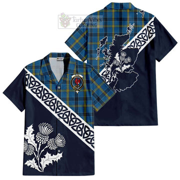 Laing Tartan Short Sleeve Button Shirt Featuring Thistle and Scotland Map