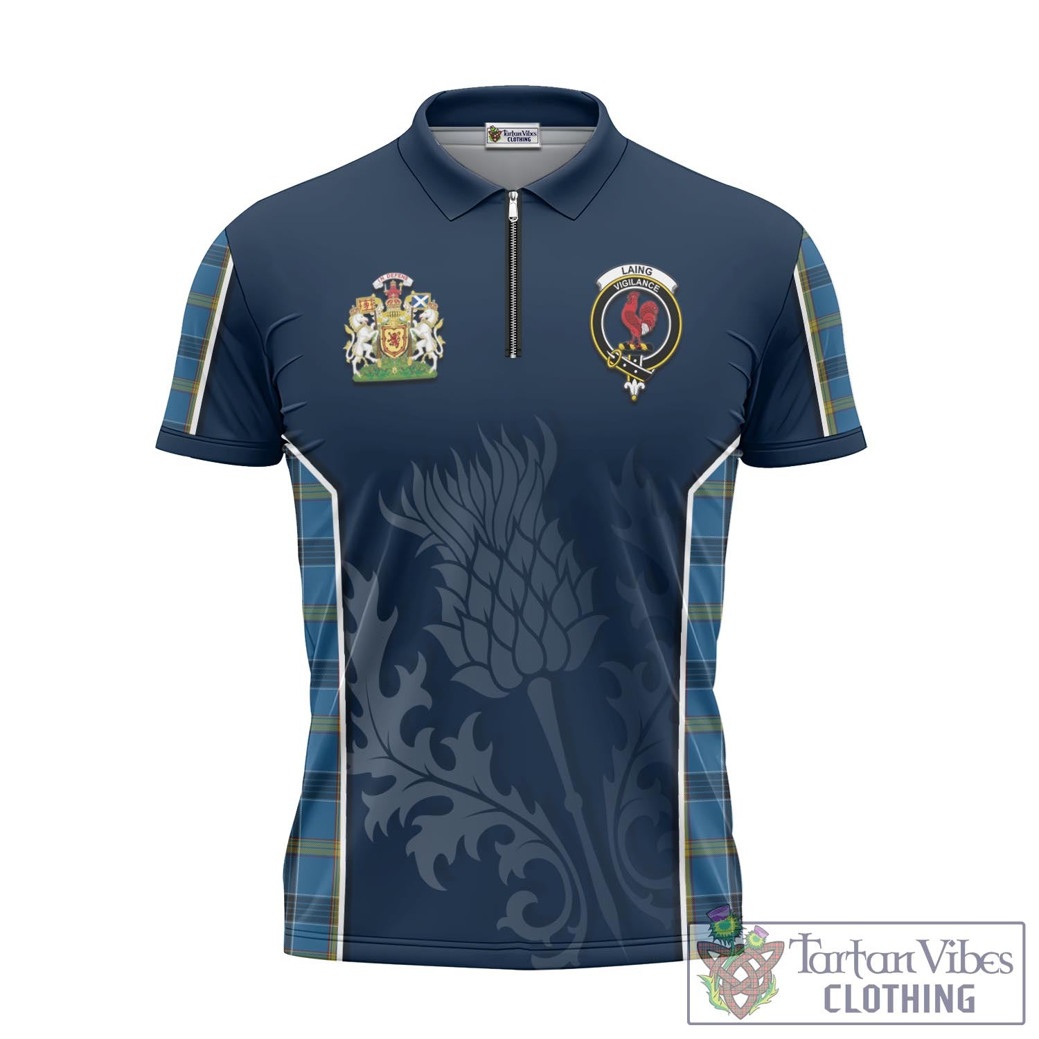 Tartan Vibes Clothing Laing Tartan Zipper Polo Shirt with Family Crest and Scottish Thistle Vibes Sport Style