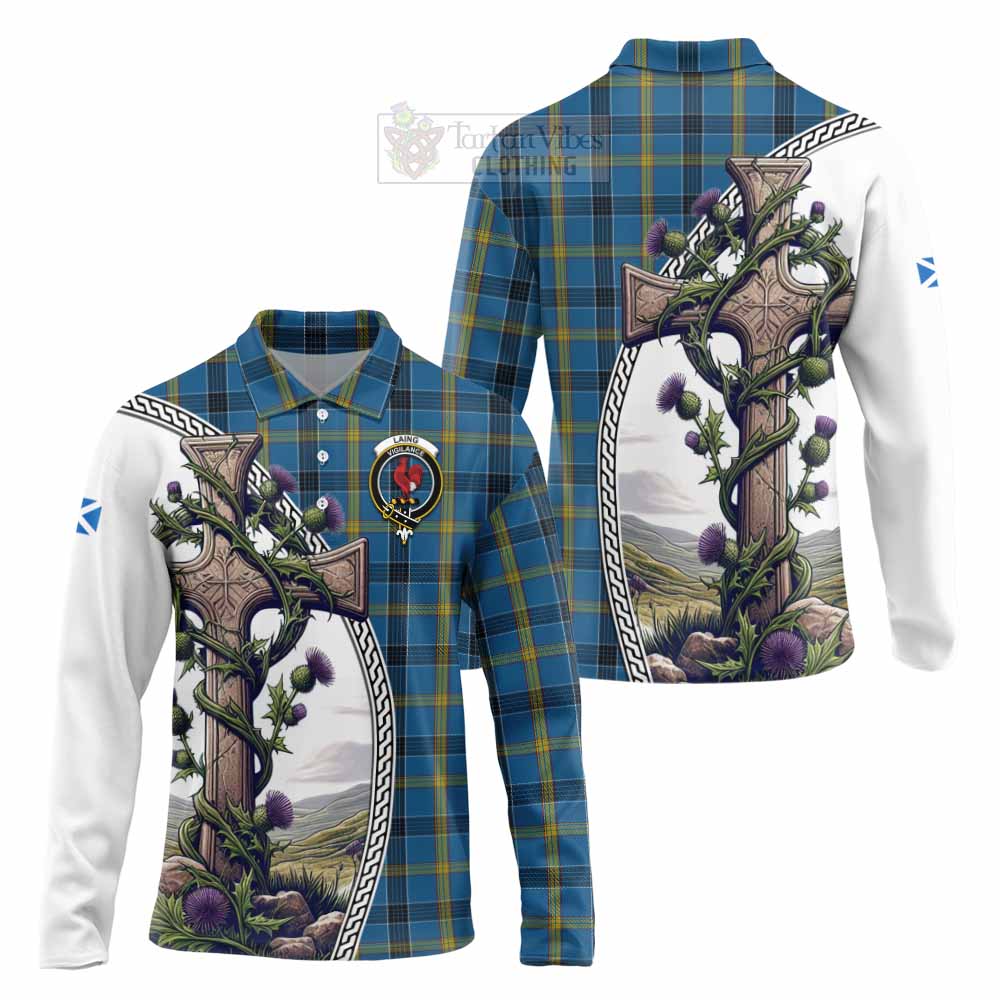 Tartan Vibes Clothing Laing Tartan Long Sleeve Polo Shirt with Family Crest and St. Andrew's Cross Accented by Thistle Vines