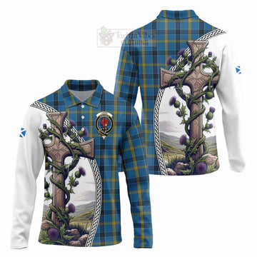 Laing Tartan Long Sleeve Polo Shirt with Family Crest and St. Andrew's Cross Accented by Thistle Vines