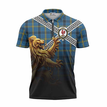 Laing Crest Tartan Zipper Polo Shirt with Golden Lion Emblem Celtic Style Unisex - Tartan Vibes Clothing