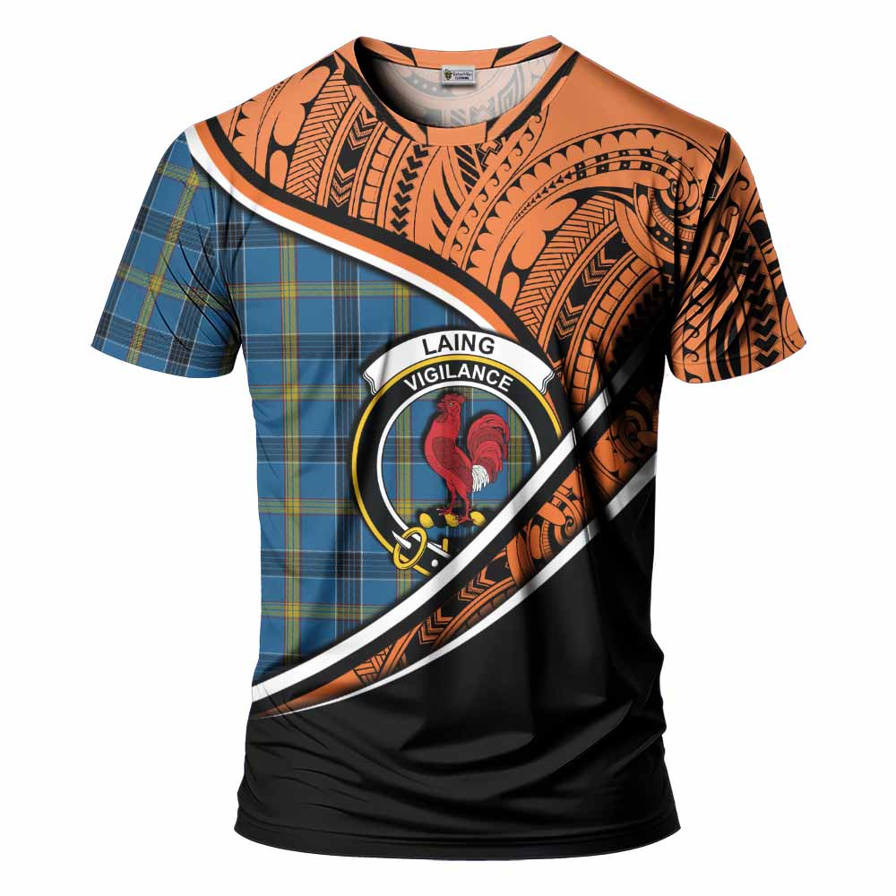 Tartan Vibes Clothing Laing Crest Tartan T-Shirt with Maori Tattoo Style - Orange Version