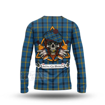 Laing Tartan Long Sleeve T-Shirt with Family Crest and Bearded Skull Holding Bottles of Whiskey