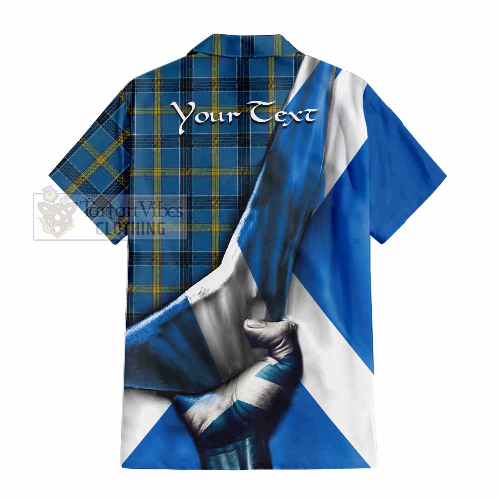 Tartan Vibes Clothing Laing Tartan Short Sleeve Button Shirt with Family Crest Scotland Patriotic Style