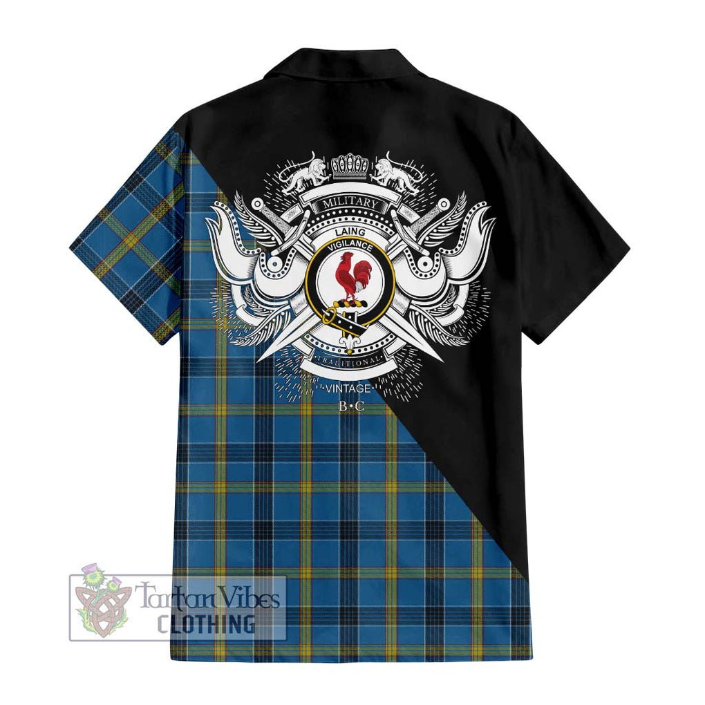 Laing Tartan Short Sleeve Button Shirt with Family Crest and Military Logo Style - Tartanvibesclothing Shop