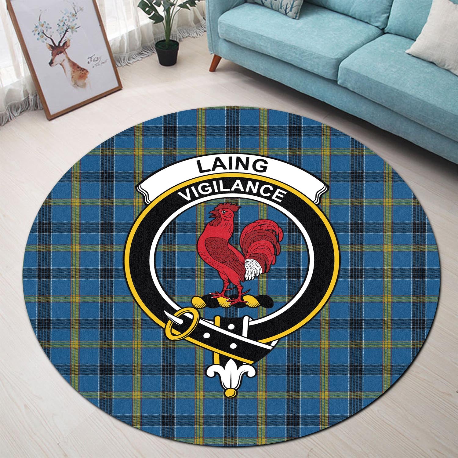 laing-tartan-round-rug-with-family-crest