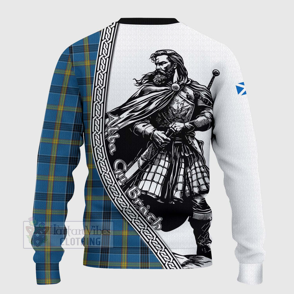 Laing Tartan Clan Crest Knitted Sweater with Highlander Warrior Celtic Style - Tartan Vibes Clothing