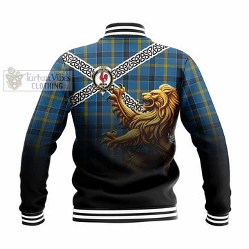 Laing Crest Tartan Baseball Jacket with Golden Lion Emblem Celtic Style - Tartan Vibes Clothing