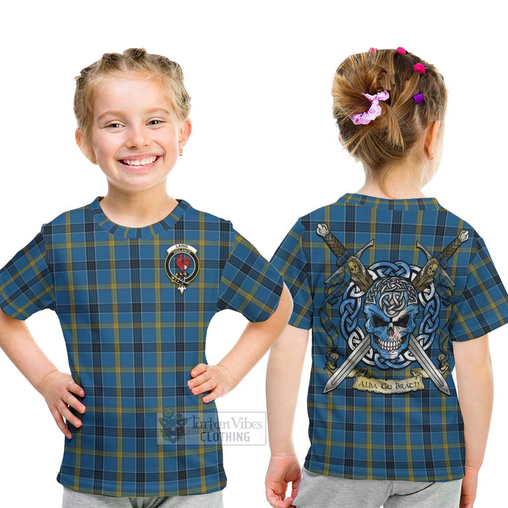 Tartan Vibes Clothing Laing Tartan Kid T-Shirt with Family Crest Celtic Skull Style