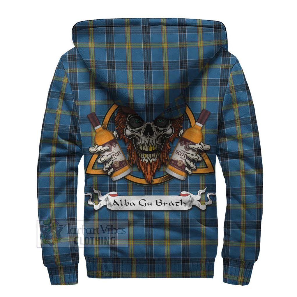 Tartan Vibes Clothing Laing Tartan Sherpa Hoodie with Family Crest and Bearded Skull Holding Bottles of Whiskey