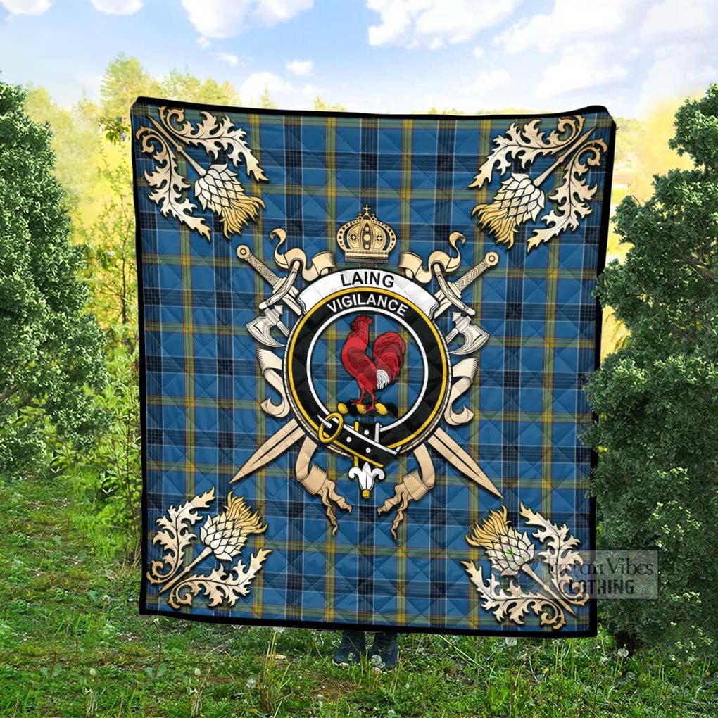 Tartan Vibes Clothing Laing Tartan Quilt with Family Crest and Scottish Golden Courage Shield