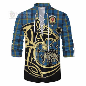 Laing Tartan Ghillie Kilt Shirt with Family Crest Celtic Wolf Style