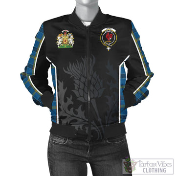 Laing Tartan Bomber Jacket with Family Crest and Scottish Thistle Vibes Sport Style