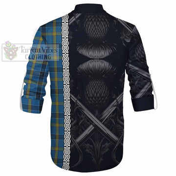 Laing Tartan Ghillie Kilt Shirt with Family Crest Cross Sword Thistle Celtic Vibes - Tartan Vibes Clothing