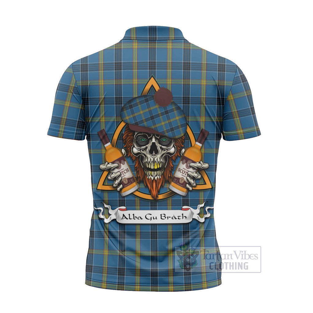 Tartan Vibes Clothing Laing Tartan Zipper Polo Shirt with Family Crest and Bearded Skull Holding Bottles of Whiskey