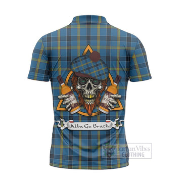 Laing Tartan Zipper Polo Shirt with Family Crest and Bearded Skull Holding Bottles of Whiskey