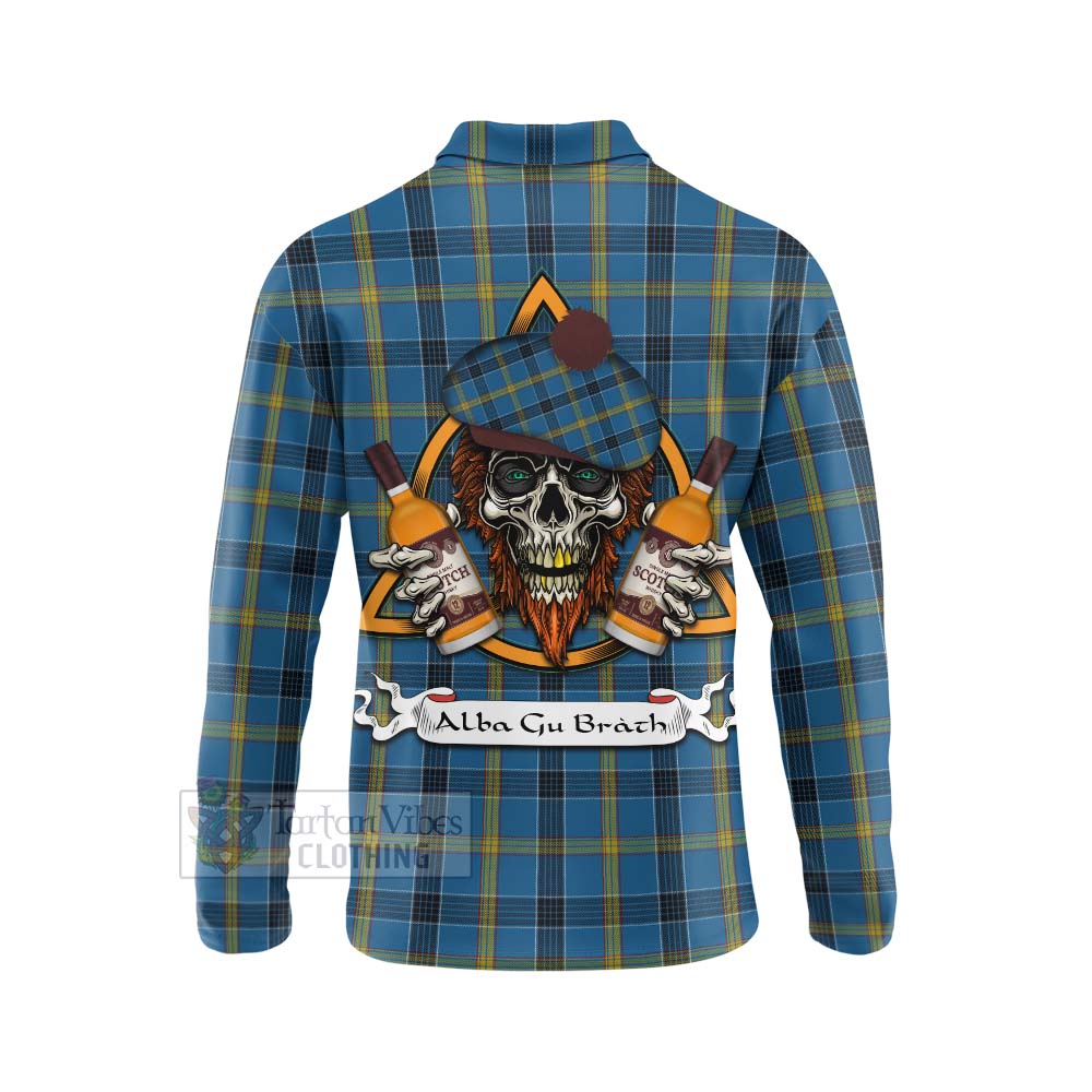 Tartan Vibes Clothing Laing Tartan Long Sleeve Polo Shirt with Family Crest and Bearded Skull Holding Bottles of Whiskey