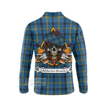 Laing Tartan Long Sleeve Polo Shirt with Family Crest and Bearded Skull Holding Bottles of Whiskey