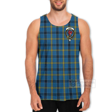 Laing Tartan Men's Tank Top with Family Crest and Bearded Skull Holding Bottles of Whiskey