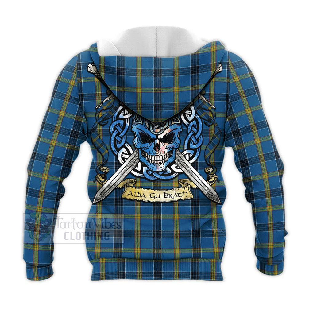 Tartan Vibes Clothing Laing Tartan Knitted Hoodie with Family Crest Celtic Skull Style