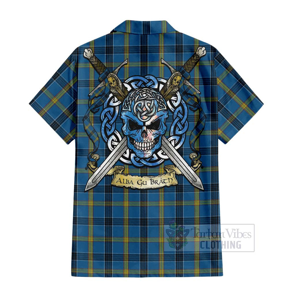 Tartan Vibes Clothing Laing Tartan Short Sleeve Button Shirt with Family Crest Celtic Skull Style