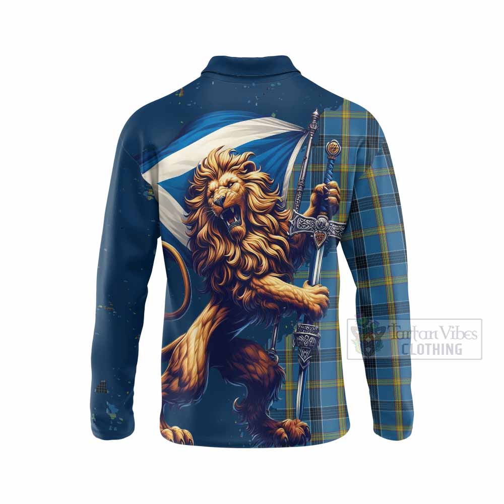 Tartan Vibes Clothing Laing Tartan Family Crest Long Sleeve Polo Shirt with Scottish Majestic Lion