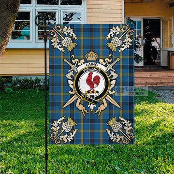 Laing Tartan Flag with Family Crest and Golden Thistle Crossed Sword Design