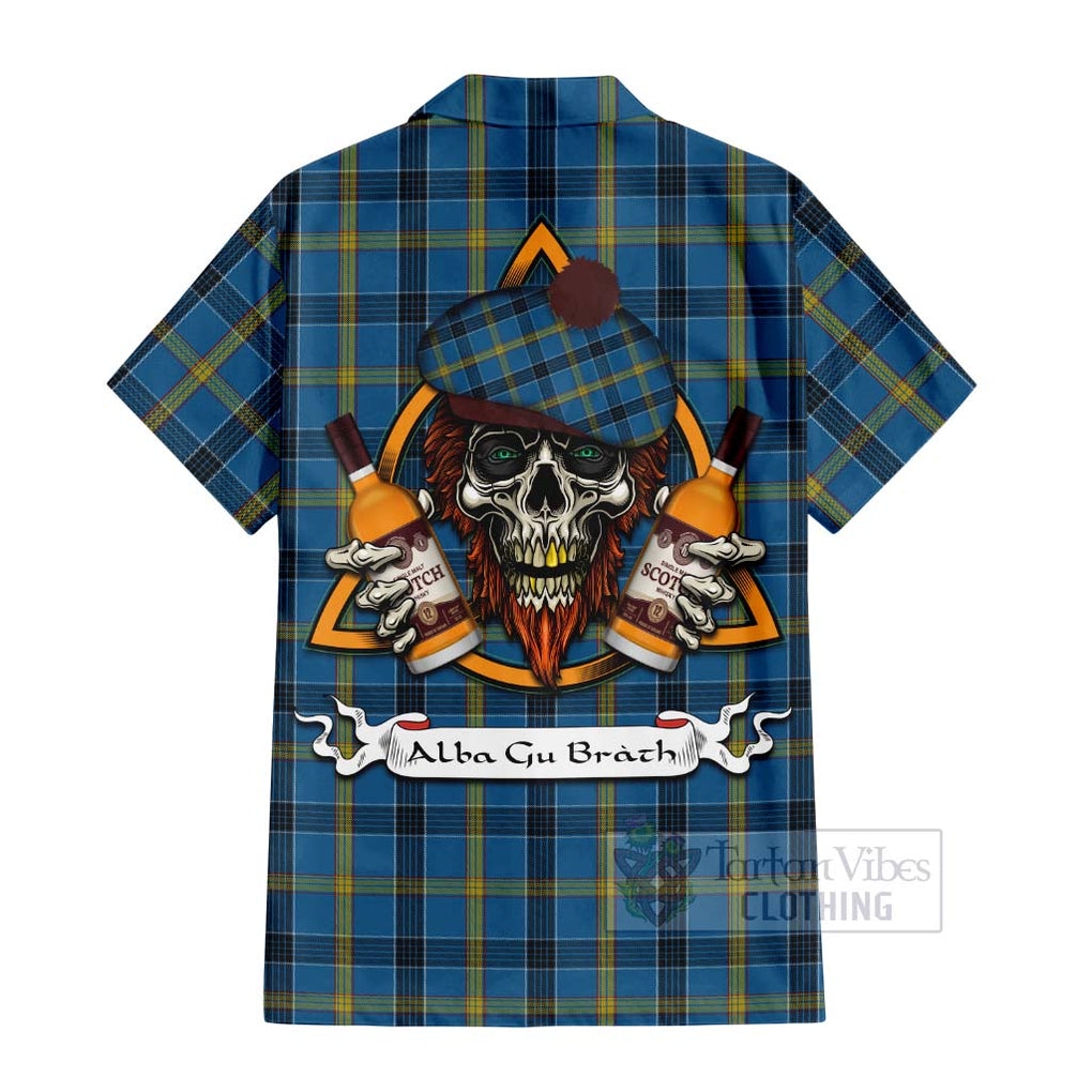 Tartan Vibes Clothing Laing Tartan Short Sleeve Button Shirt with Family Crest and Bearded Skull Holding Bottles of Whiskey