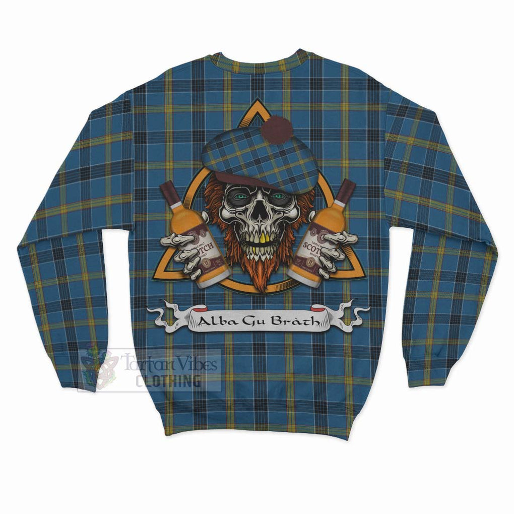 Tartan Vibes Clothing Laing Tartan Sweatshirt with Family Crest and Bearded Skull Holding Bottles of Whiskey