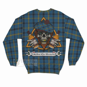 Laing Tartan Sweatshirt with Family Crest and Bearded Skull Holding Bottles of Whiskey