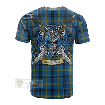 Laing Tartan Cotton T-shirt with Family Crest Celtic Skull Style