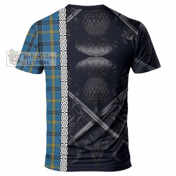 Laing Tartan T-Shirt with Family Crest Cross Sword Thistle Celtic Vibes