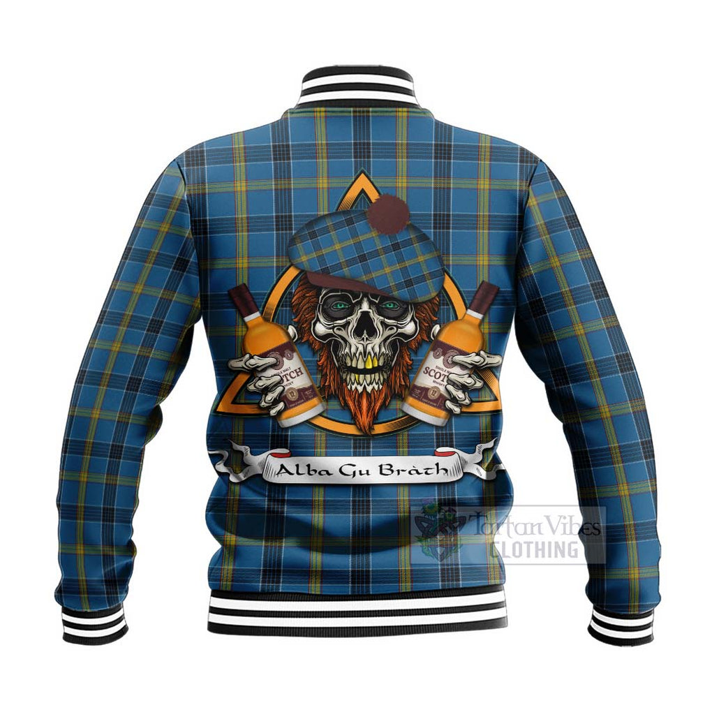 Tartan Vibes Clothing Laing Tartan Baseball Jacket with Family Crest and Bearded Skull Holding Bottles of Whiskey