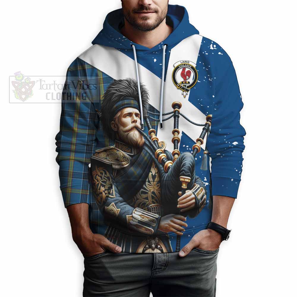 Tartan Vibes Clothing Laing Tartan Hoodie with Family Crest Scottish Bagpiper Vibes