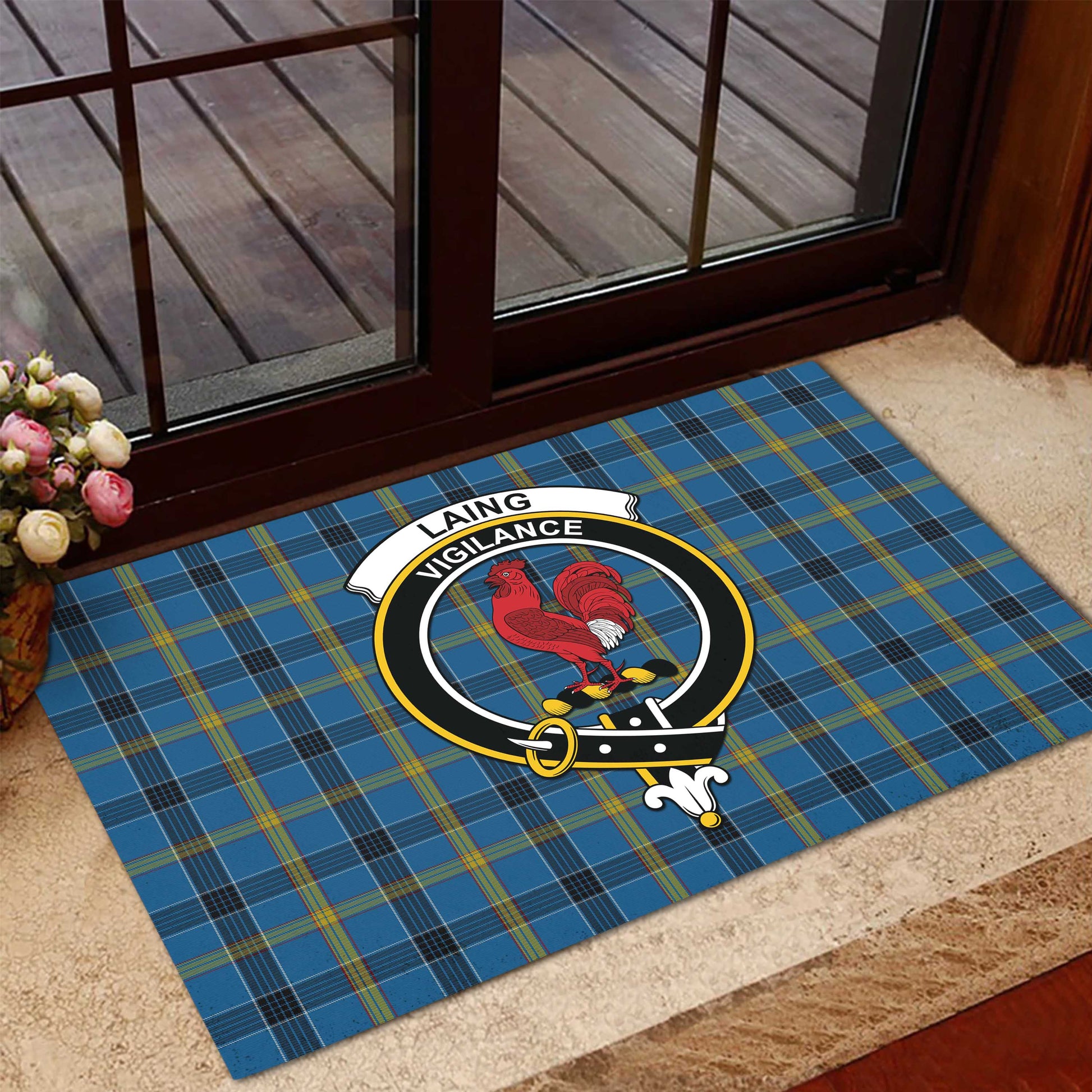 Laing Tartan Door Mat with Family Crest - Tartanvibesclothing