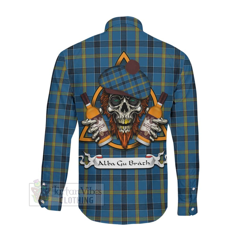 Tartan Vibes Clothing Laing Tartan Long Sleeve Button Shirt with Family Crest and Bearded Skull Holding Bottles of Whiskey