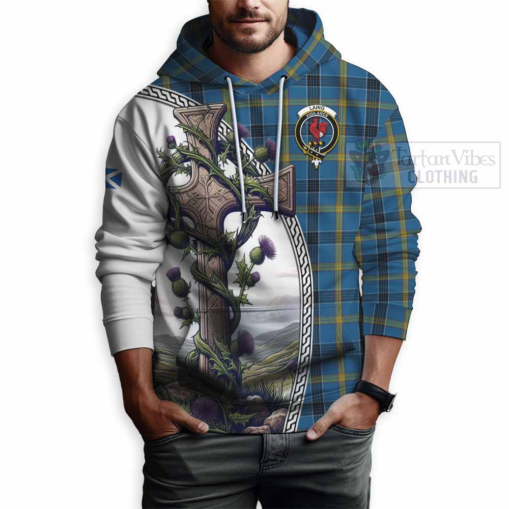 Tartan Vibes Clothing Laing Tartan Hoodie with Family Crest and St. Andrew's Cross Accented by Thistle Vines