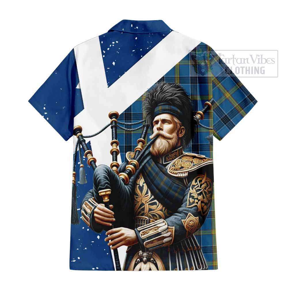 Tartan Vibes Clothing Laing Tartan Short Sleeve Button Shirt with Family Crest Scottish Bagpiper Vibes