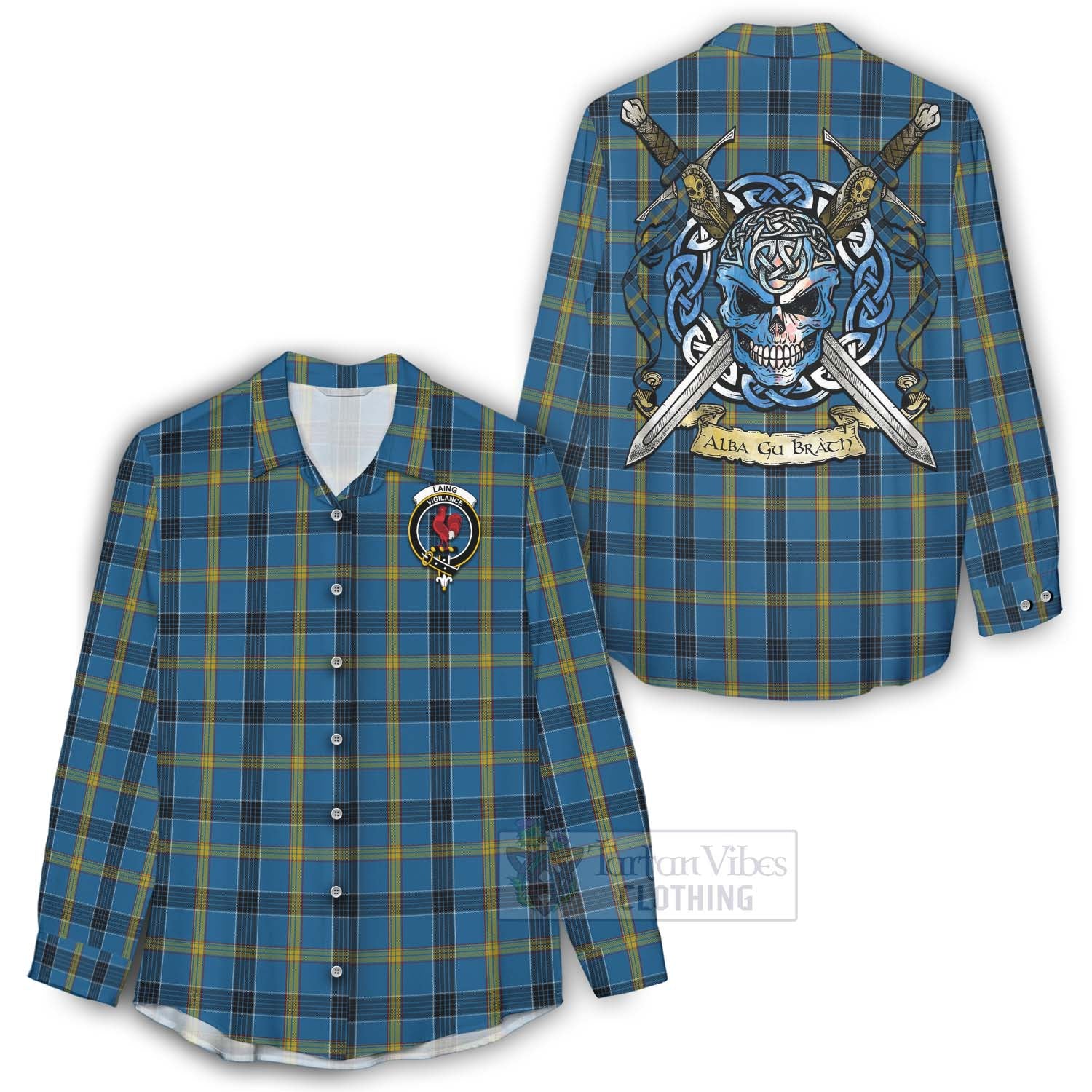 Tartan Vibes Clothing Laing Tartan Women's Casual Shirt with Family Crest Celtic Skull Style