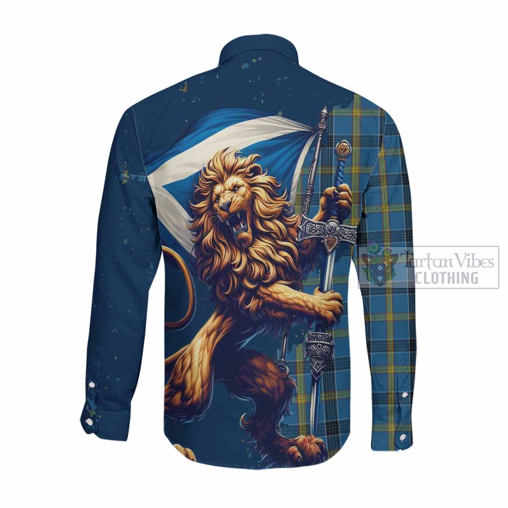 Tartan Vibes Clothing Laing Tartan Family Crest Long Sleeve Button Shirt with Scottish Majestic Lion