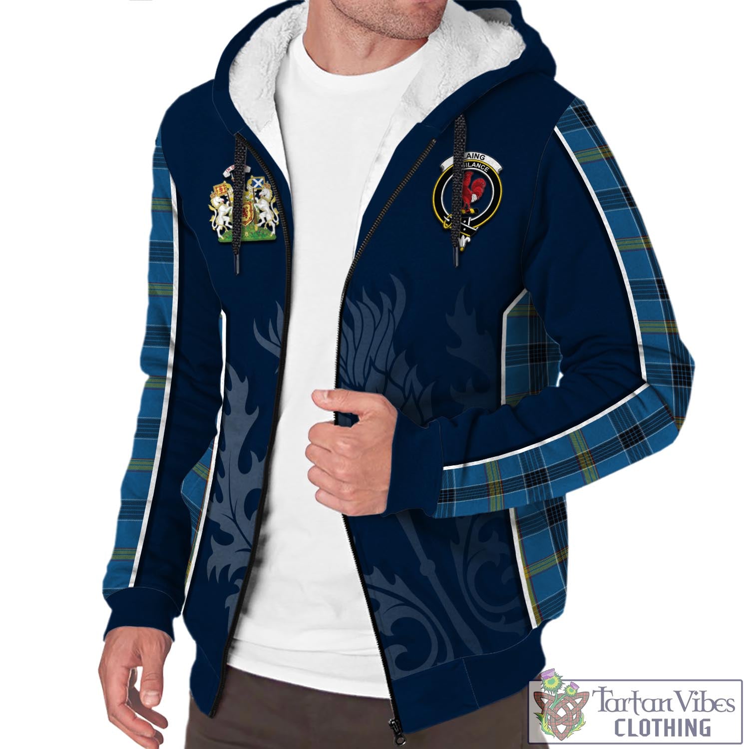 Tartan Vibes Clothing Laing Tartan Sherpa Hoodie with Family Crest and Scottish Thistle Vibes Sport Style